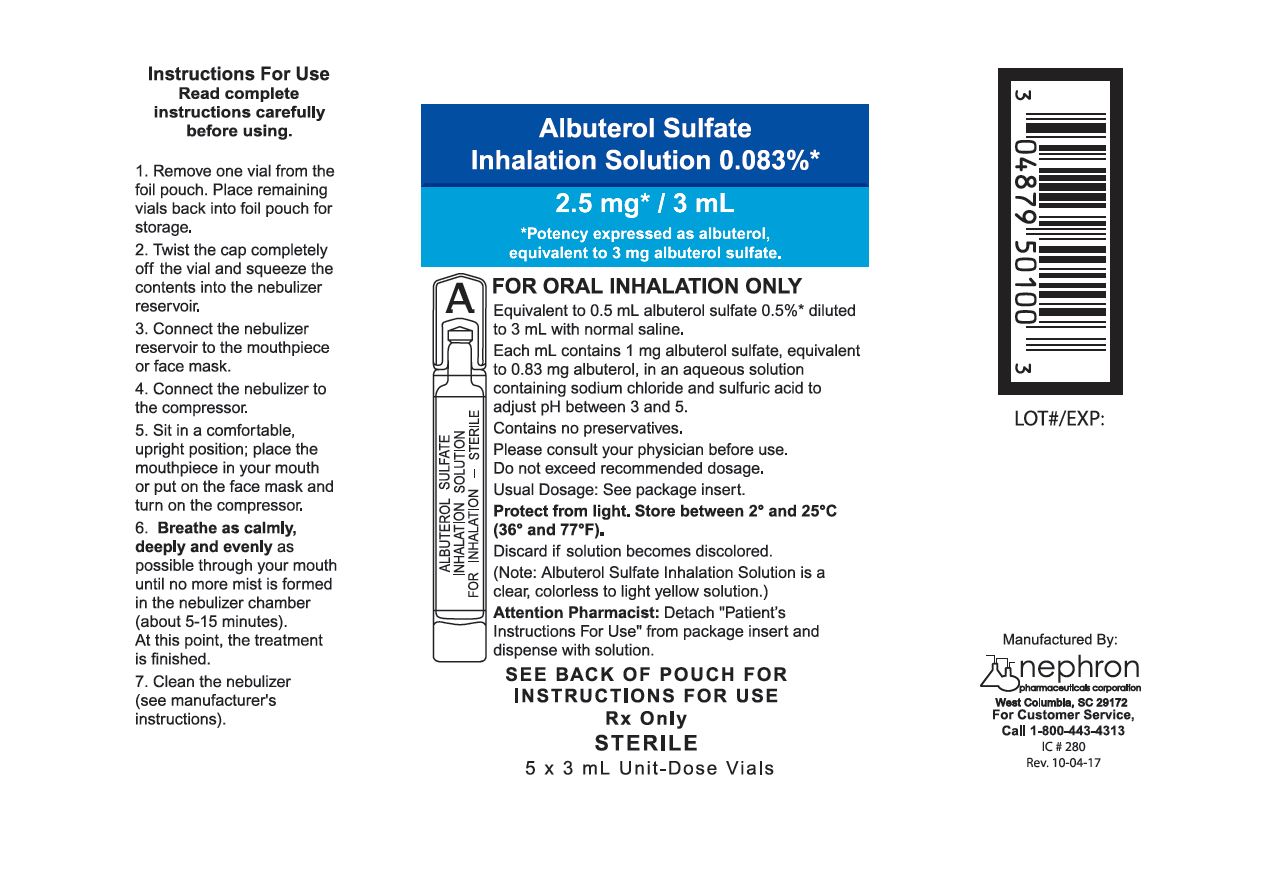 Albuterol Sulfate, Preservative Free 0.083%, 2.5mg / 3mL Unit Dose, Inhalation Solution Nebulizer Vial 25 Vials # 00487-9501-25