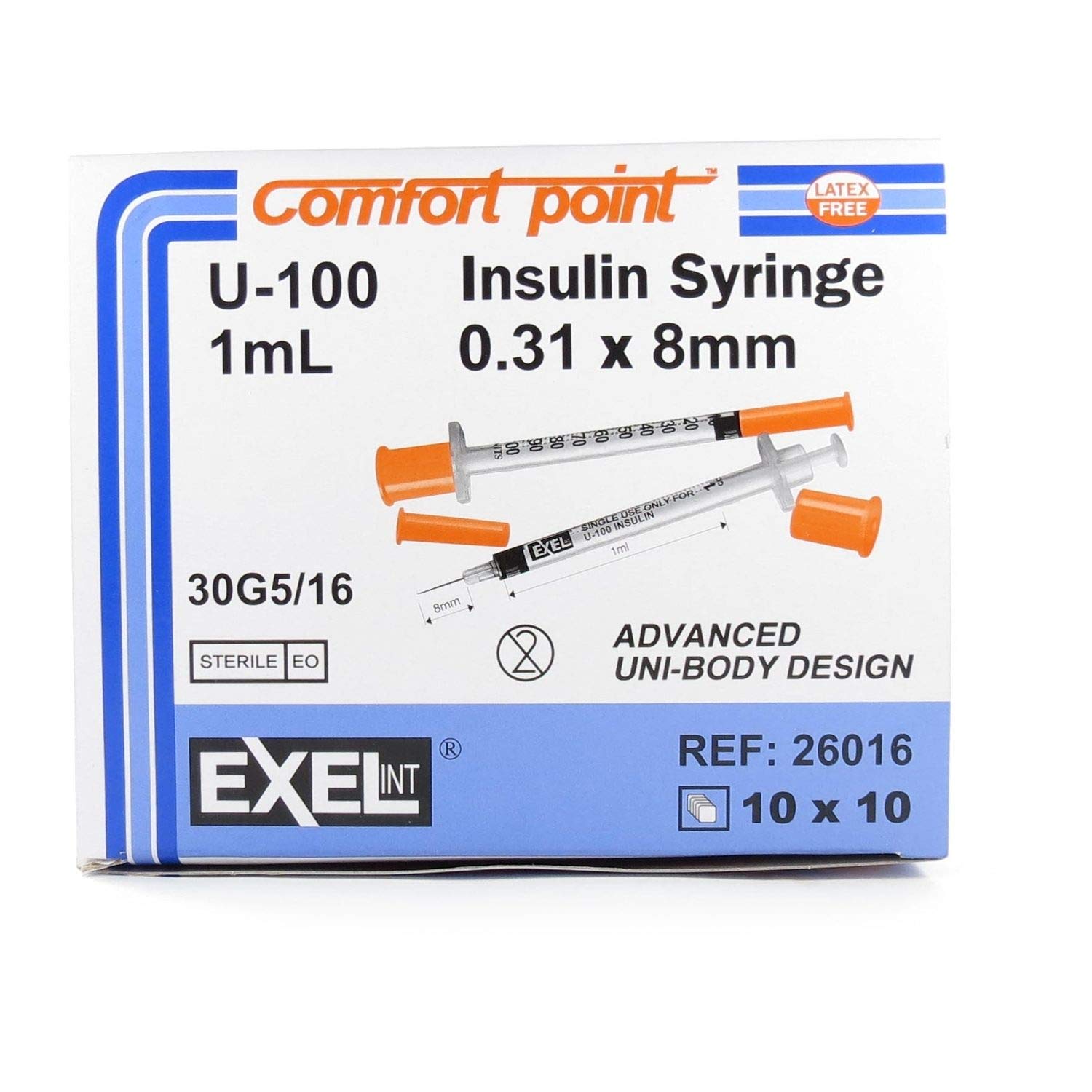 Exel International Insulin Syringe U 100 1cc 30g X 5 16 100 Box Merit Pharmaceutical