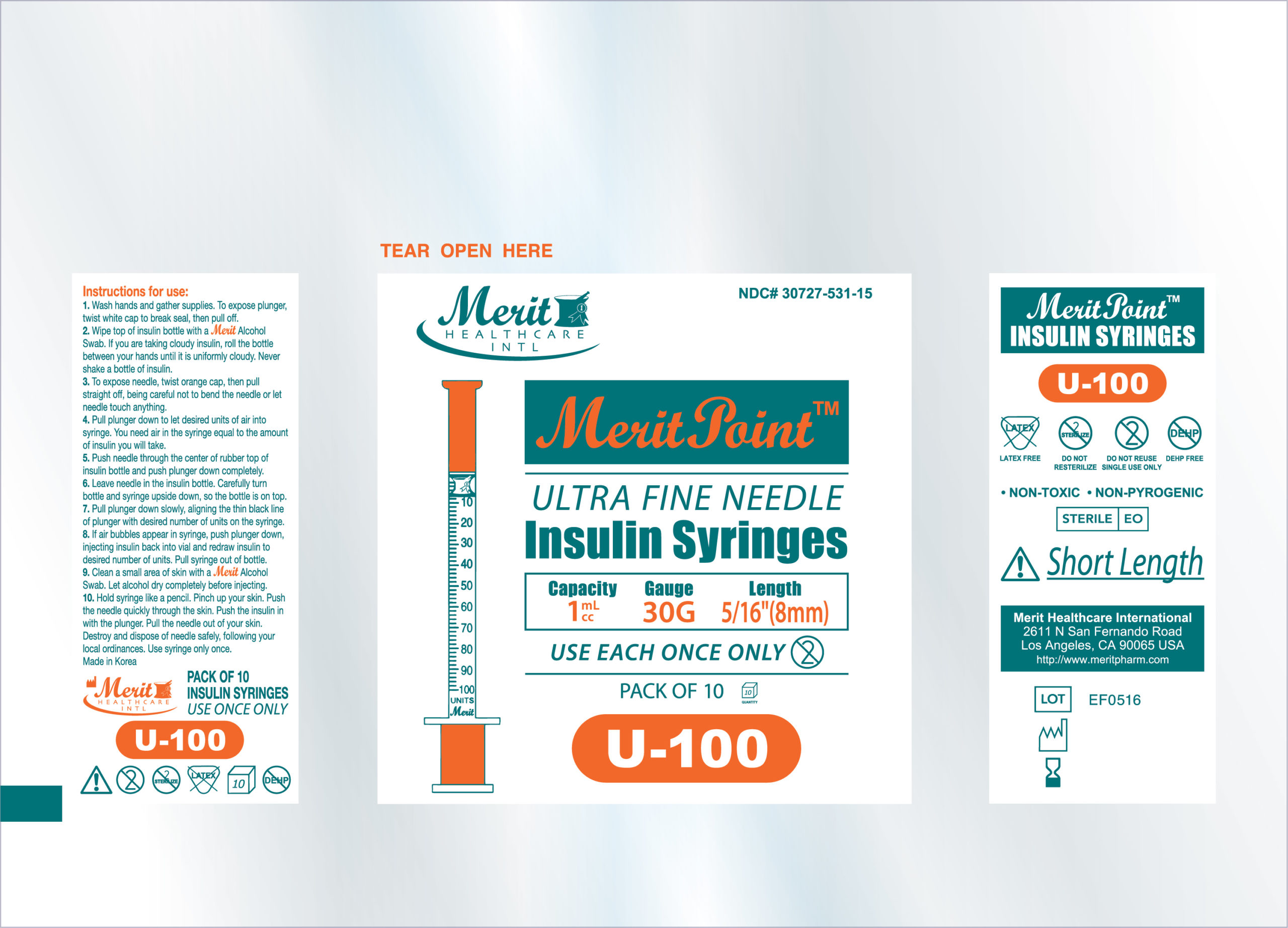 Insulin Syringe U-100 1cc 30G x 5/16, 100/Box # 130516100 MeritPoint # 130516100