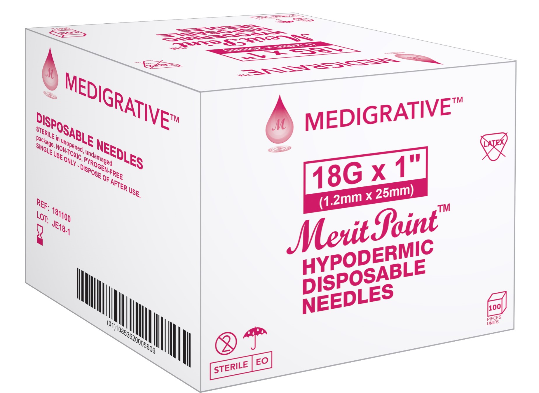Needle, Hypodermic, 18G x 1″, Medigrative/MeritPoint Disposable, Regular Bevel, Sterile, 100/Box # 808000