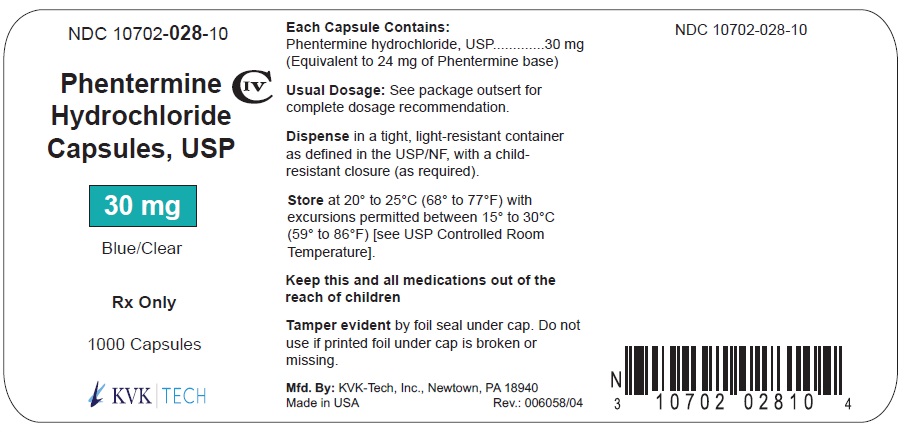 Phentermine 30mg Blue Clear Capsules 1000 (C4) KVK # 10702-028-10