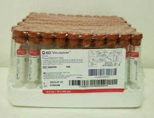 BD 10mL Red Vacutainer Glass Tubes, No Additive, 100/Box # 366430
