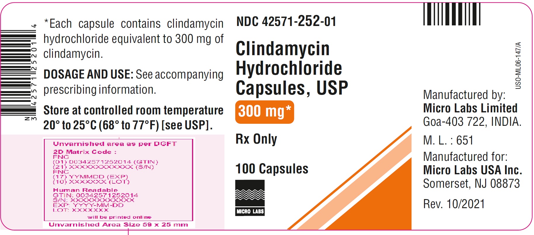 Clindamycin Cap 300mg, 100/Bottle NDC # 42571-0252-01(63304-0693-01)