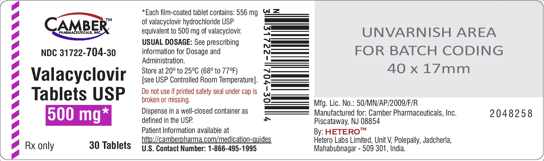 Valacyclovir Tab 500mg, 30 Bottle NDC # 31722-0704-30