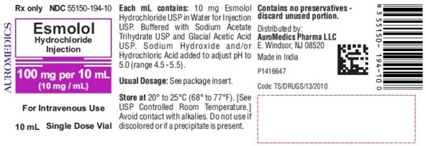 Esmolol Injectable 10mg Sold As A Pack of 1 x 25 x 10mL