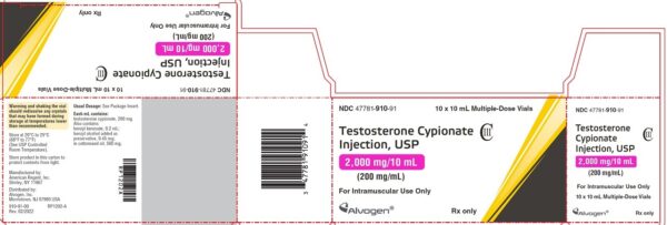 Testosterone Cypionate Injection, 200mg/mL, 10 x 10mL, Multiple Dose Vial, CIII